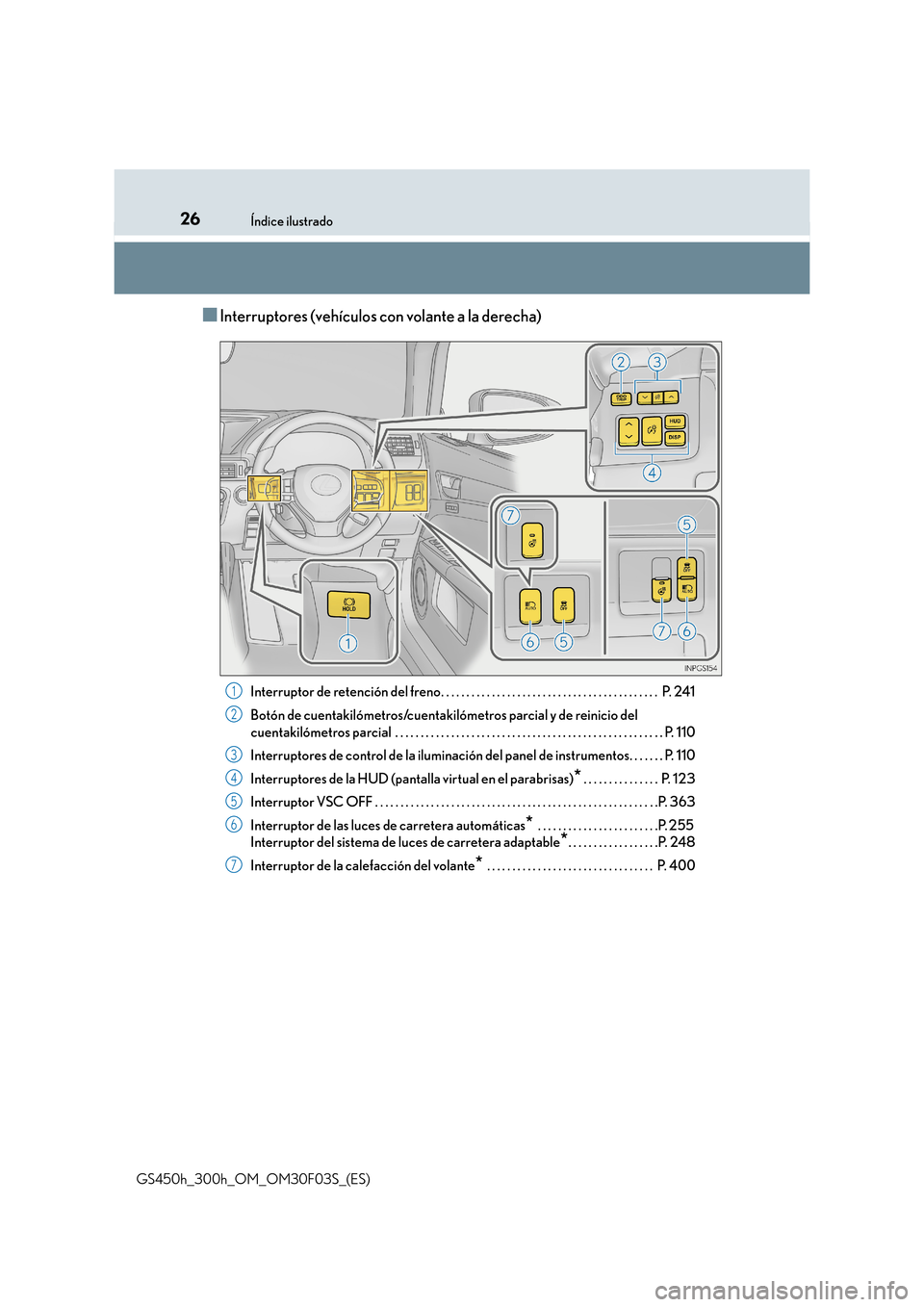 Lexus GS450h 2015  Manual del propietario (in Spanish) 26Índice ilustrado
GS450h_300h_OM_OM30F03S_(ES)
■Interruptores (vehículos con volante a la derecha)
Interruptor de retención del freno. . . . . . . . . . . . . . . . . . . . . . . . . . . . . . .