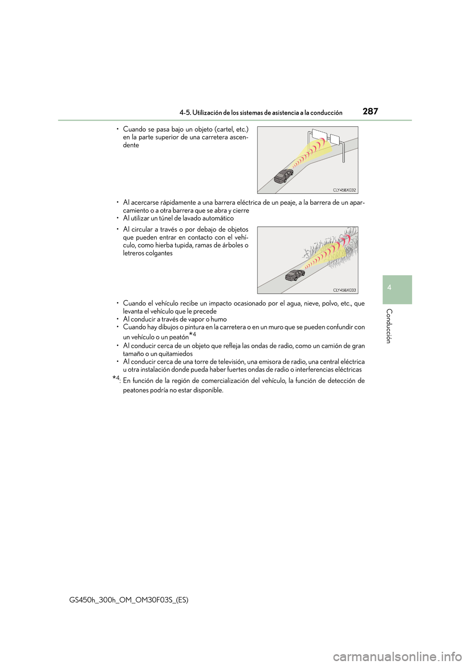 Lexus GS450h 2015  Manual del propietario (in Spanish) 2874-5. Utilización de los sistemas de asistencia a la conducción
4
Conducción
GS450h_300h_OM_OM30F03S_(ES)• Al acercarse rápidamente a una barrera eléctrica de un peaje, a la barrera de un apa