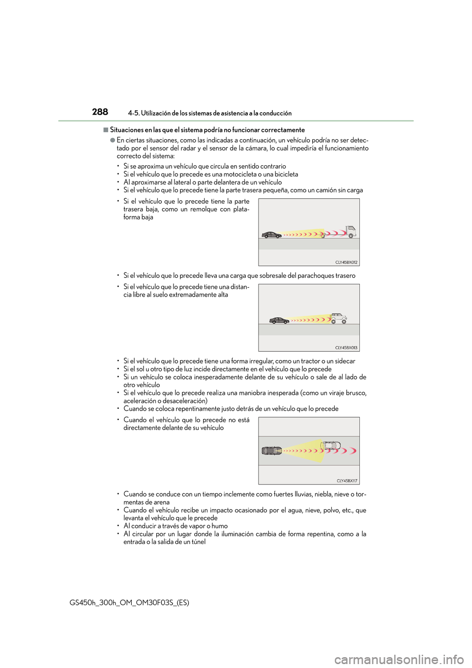 Lexus GS450h 2015  Manual del propietario (in Spanish) 2884-5. Utilización de los sistemas de asistencia a la conducción
GS450h_300h_OM_OM30F03S_(ES)
■Situaciones en las que el sistema podría no funcionar correctamente
●En ciertas situaciones, como
