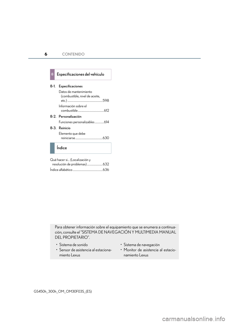 Lexus GS450h 2015  Manual del propietario (in Spanish) CONTENIDO6
GS450h_300h_OM_OM30F03S_(ES)8-1. Especificaciones
Datos de mantenimiento (combustible, nivel de aceite, 
etc.) ......................................................598
Información sobre e