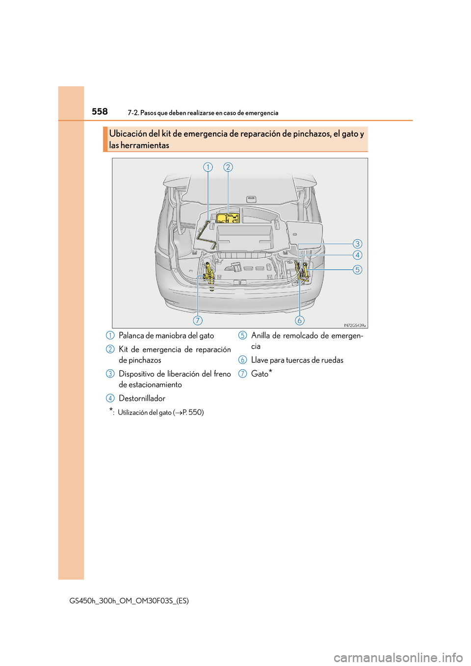 Lexus GS450h 2015  Manual del propietario (in Spanish) 5587-2. Pasos que deben realizarse en caso de emergencia
GS450h_300h_OM_OM30F03S_(ES)
*:  Utilización del gato (→P.  5 5 0 )
Ubicación del kit de emergencia de re paración de pinchazos, el gato y