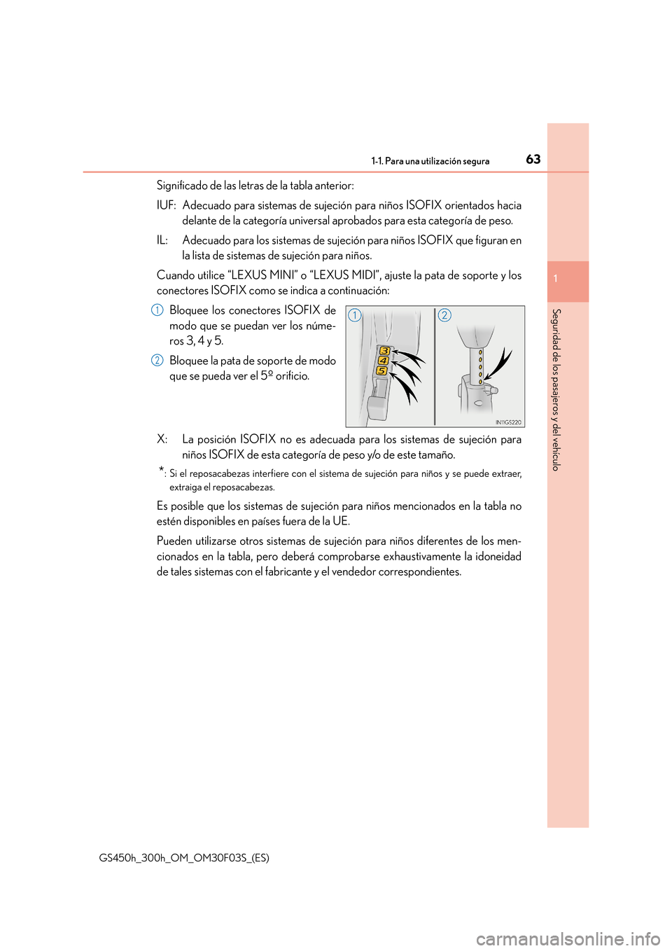 Lexus GS450h 2015  Manual del propietario (in Spanish) 631-1. Para una utilización segura
1
Seguridad de los pasajeros y del vehículo
GS450h_300h_OM_OM30F03S_(ES)
Significado de las letras de la tabla anterior:
IUF: Adecuado para sistemas de sujeción p