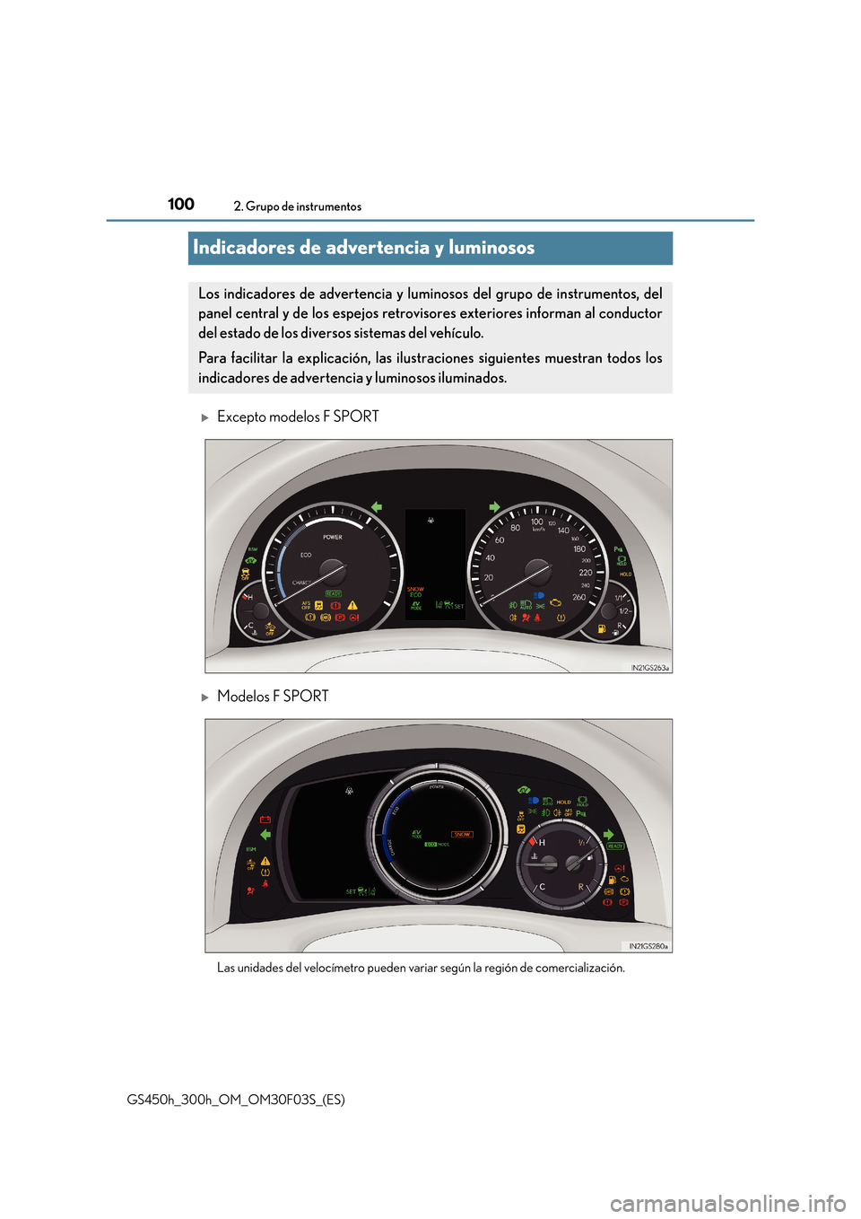 Lexus GS450h 2015  Manual del propietario (in Spanish) 1002. Grupo de instrumentos
GS450h_300h_OM_OM30F03S_(ES)
Indicadores de advertencia y luminosos
�XExcepto modelos F SPORT
�XModelos F SPORT
Las unidades del velocímetro pueden variar según la regió