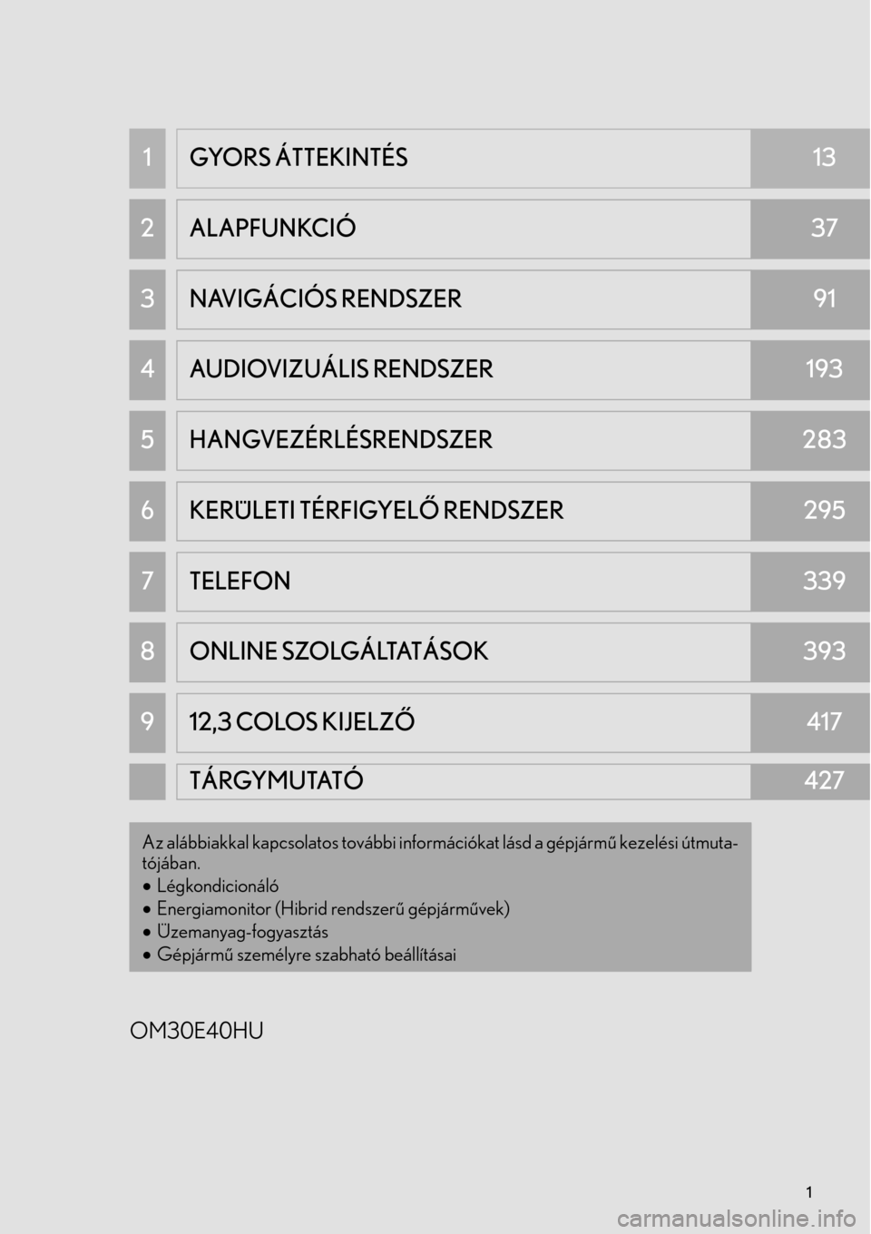 Lexus GS450h 2015 Navigáció kézikönyv (in Hungarian) 1
OM30E40HU
1GYORS ÁTTEKINTÉS13
2ALAPFUNKCIÓ37
3NAVIGÁCIÓS RENDSZER91
4AUDIOVIZUÁLIS RENDSZER193
5HANGVEZÉRLÉSRENDSZER283
6KERÜLETI TÉRFIGYELŐ RENDSZER295
7TELEFON339
8ONLINE SZOLGÁLTATÁS Lexus GS450h 2015 Navigáció kézikönyv (in Hungarian) 1
OM30E40HU
1GYORS ÁTTEKINTÉS13
2ALAPFUNKCIÓ37
3NAVIGÁCIÓS RENDSZER91
4AUDIOVIZUÁLIS RENDSZER193
5HANGVEZÉRLÉSRENDSZER283
6KERÜLETI TÉRFIGYELŐ RENDSZER295
7TELEFON339
8ONLINE SZOLGÁLTATÁS