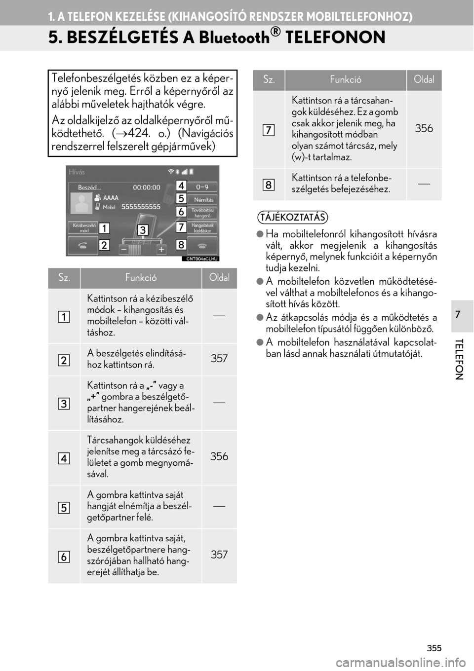 Lexus GS450h 2015  Navigáció kézikönyv (in Hungarian) 355
1. A TELEFON KEZELÉSE (KIHANGOSÍTÓ RENDSZER MOBILTELEFONHOZ)
TELEFON
7
5. BESZÉLGETÉS A Bluetooth® TELEFONON
Telefonbeszélgetés közben ez a képer-
nyő jelenik meg. Erről a képernyőr