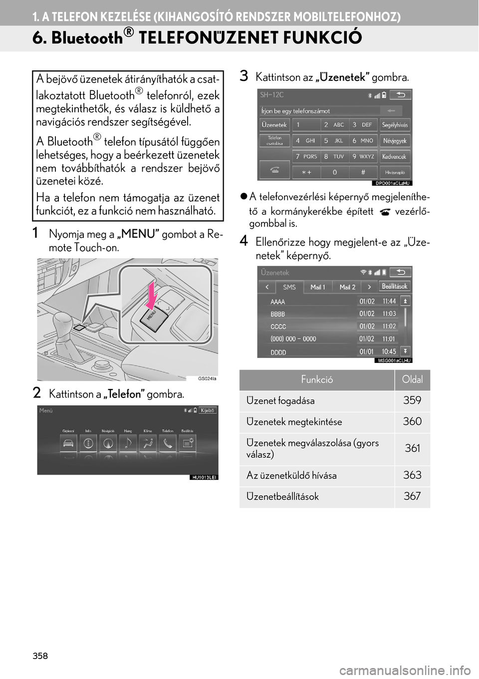 Lexus GS450h 2015  Navigáció kézikönyv (in Hungarian) 358
1. A TELEFON KEZELÉSE (KIHANGOSÍTÓ RENDSZER MOBILTELEFONHOZ)
6. Bluetooth® TELEFONÜZENET FUNKCIÓ
1Nyomja meg a „MENU” gombot a Re-
mote Touch-on.
2Kattintson a „Telefon” gombra.
3Kat