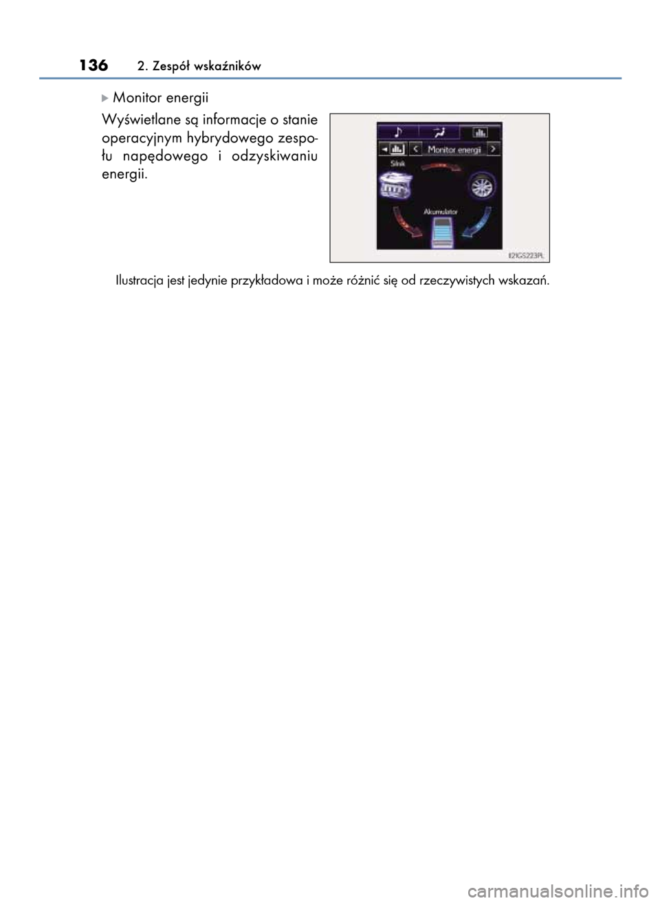 Lexus GS450h 2015  Instrukcja Obsługi (in Polish) ó Monitor energii
WyÊwietlane sà informacje o stanie
operacyjnym hybrydowego zespo-
∏u  nap´dowego  i odzyskiwaniu
energii.
Ilustracja jest jedynie przyk∏adowa i mo˝e ró˝niç si´ od rzeczy