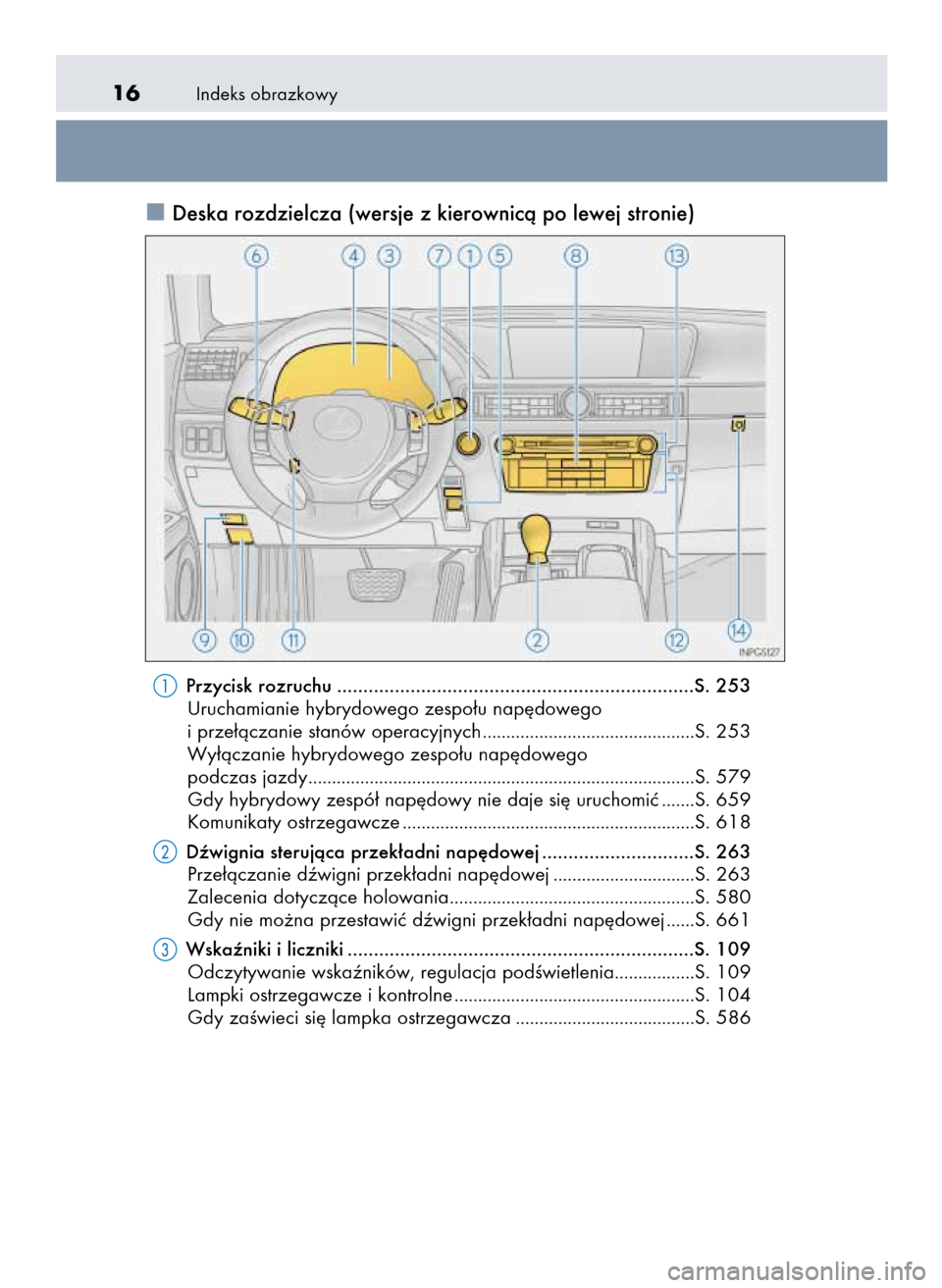 Lexus GS450h 2015  Instrukcja Obsługi (in Polish) Indeks obrazkowy16
Deska rozdzielcza (wersje z kierownicà po lewej stronie)
Przycisk rozruchu ....................................................................S. 253
Uruchamianie hybrydowego zespo