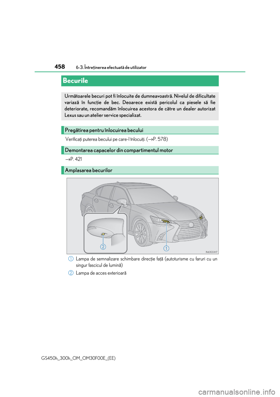 Lexus GS450h 2015 Manualul de utilizare (in Romanian) 4586-3. Întreþinerea efectuatã de utilizator
GS450h_300h_OM_OM30F00E_(EE)
Becurile
Verificaþi puterea becului pe care-l înlocuiþi. (→P. 578)
→P. 421
Lampa de semnalizare schimbare direcþie Lexus GS450h 2015 Manualul de utilizare (in Romanian) 4586-3. Întreþinerea efectuatã de utilizator
GS450h_300h_OM_OM30F00E_(EE)
Becurile
Verificaþi puterea becului pe care-l înlocuiþi. (→P. 578)
→P. 421
Lampa de semnalizare schimbare direcþie