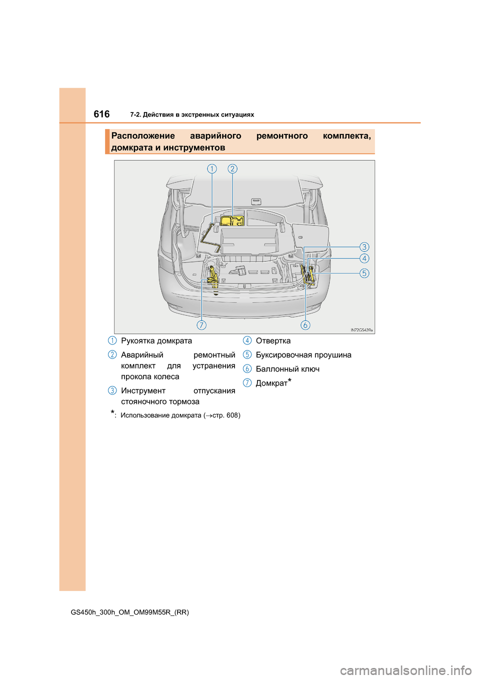 Lexus GS450h 2015 Инструкция по эксплуатации (in Russian) 6167-2. Действия в экстренных ситуациях
GS450h_300h_OM_OM99M55R_(RR)
*: Использование домкрата (→ стр . 608)
Расположение ав Lexus GS450h 2015 Инструкция по эксплуатации (in Russian) 6167-2. Действия в экстренных ситуациях
GS450h_300h_OM_OM99M55R_(RR)
*: Использование домкрата (→ стр . 608)
Расположение ав