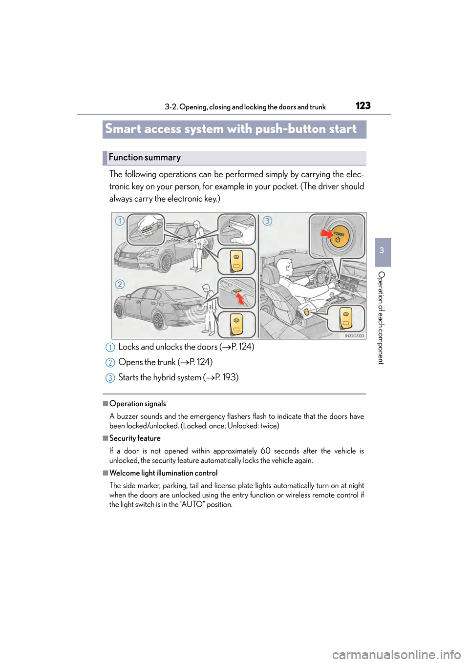Lexus GS450h 2014 Owners Manual 123
GS450h_OM_OM30D52U_(U)3-2. Opening, closing and locking the doors and trunk
3
Operation of each component
Smart access system with push-button start
The following operations can be performed simpl Lexus GS450h 2014 Owners Manual 123
GS450h_OM_OM30D52U_(U)3-2. Opening, closing and locking the doors and trunk
3
Operation of each component
Smart access system with push-button start
The following operations can be performed simpl