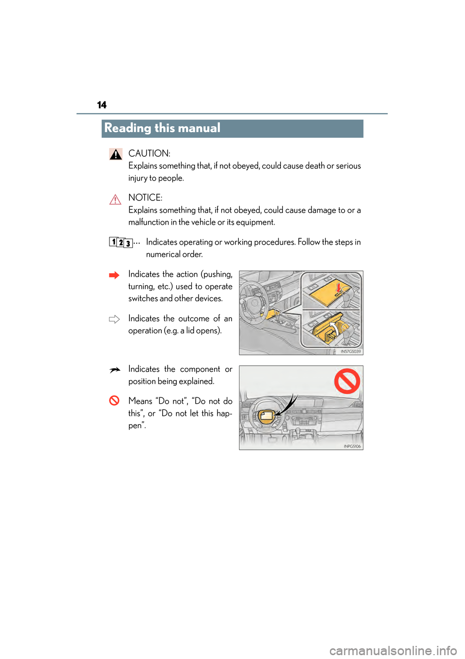 Lexus GS450h 2014 User Guide 14
GS450h_OM_OM30D52U_(U)
Reading this manual
CAUTION: 
Explains something that, if not obeyed, could cause death or serious
injury to people.
NOTICE: 
Explains something that, if not obeyed, could ca