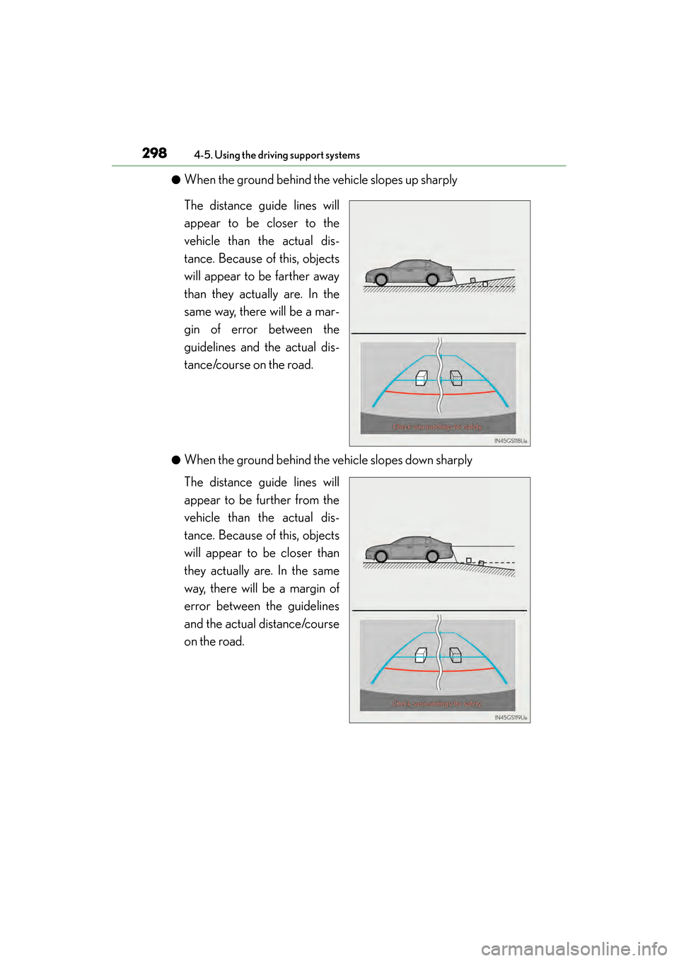 Lexus GS450h 2014 Owners Manual 298
GS450h_OM_OM30D52U_(U)
4-5. Using the driving support systems
●When the ground behind the vehicle slopes up sharply
The distance guide lines will
appear to be closer to the
vehicle than the actu Lexus GS450h 2014 Owners Manual 298
GS450h_OM_OM30D52U_(U)
4-5. Using the driving support systems
●When the ground behind the vehicle slopes up sharply
The distance guide lines will
appear to be closer to the
vehicle than the actu