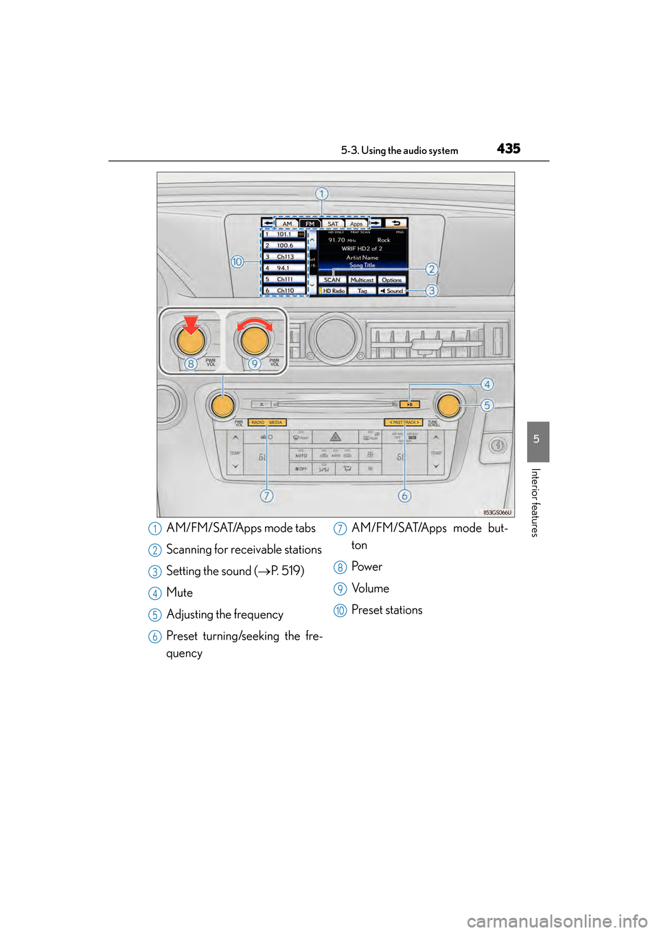 Lexus GS450h 2014 Owners Manual GS450h_OM_OM30D52U_(U)
4355-3. Using the audio system
5
Interior features
AM/FM/SAT/Apps mode tabs
Scanning for receivable stations
Setting the sound (→P. 5 1 9 )
Mute
Adjusting the frequency
Prese Lexus GS450h 2014 Owners Manual GS450h_OM_OM30D52U_(U)
4355-3. Using the audio system
5
Interior features
AM/FM/SAT/Apps mode tabs
Scanning for receivable stations
Setting the sound (→P. 5 1 9 )
Mute
Adjusting the frequency
Prese