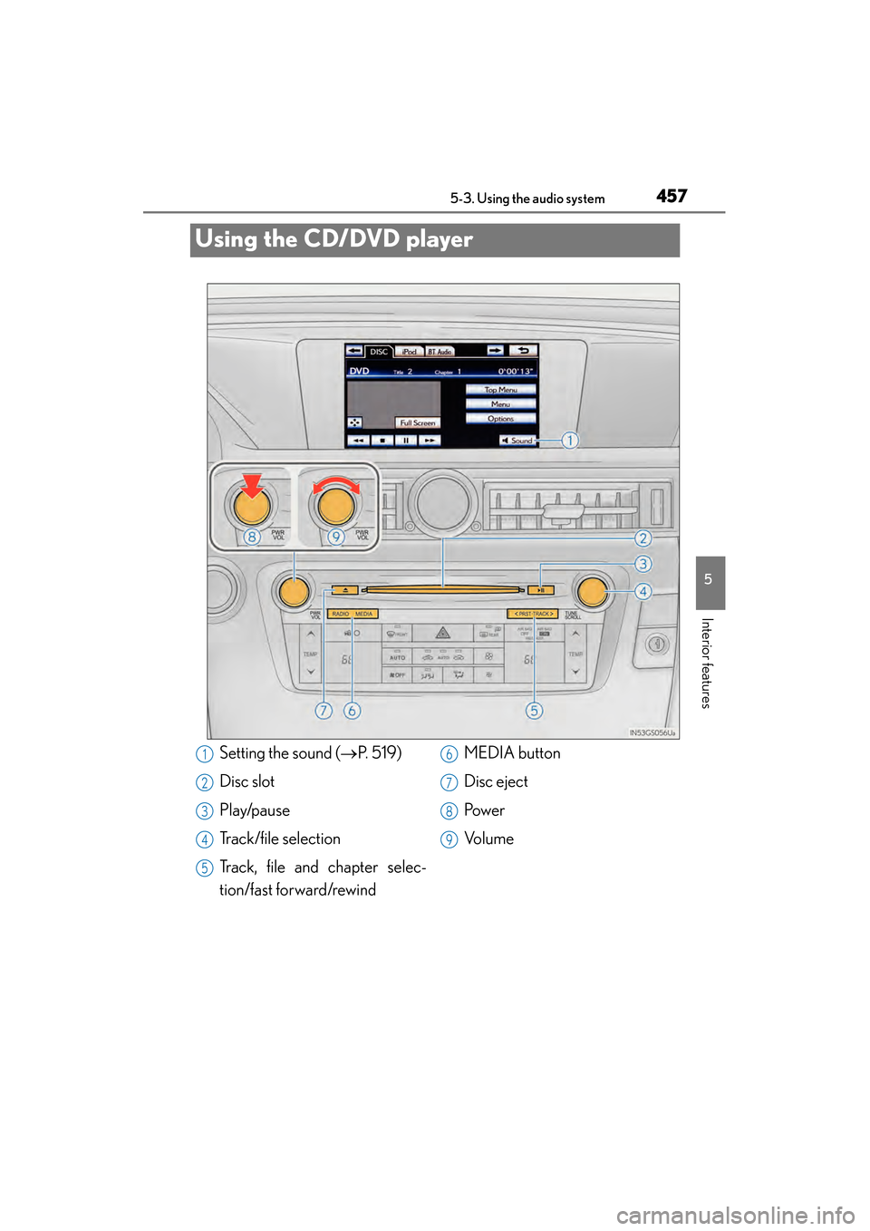 Lexus GS450h 2014  Owners Manual 457
GS450h_OM_OM30D52U_(U)5-3. Using the audio system
5
Interior features
Using the CD/DVD player
Setting the sound ( →P.  5 1 9 )
Disc slot
Play/pause
Track/file selection
Track, file and chapter s