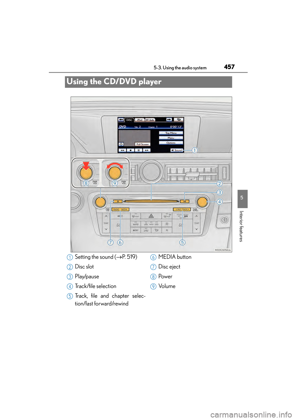 Lexus GS450h 2014 Owners Manual 457
GS450h_OM_OM30D52U_(U)5-3. Using the audio system
5
Interior features
Using the CD/DVD player
Setting the sound ( →P. 5 1 9 )
Disc slot
Play/pause
Track/file selection
Track, file and chapter s Lexus GS450h 2014 Owners Manual 457
GS450h_OM_OM30D52U_(U)5-3. Using the audio system
5
Interior features
Using the CD/DVD player
Setting the sound ( →P. 5 1 9 )
Disc slot
Play/pause
Track/file selection
Track, file and chapter s
