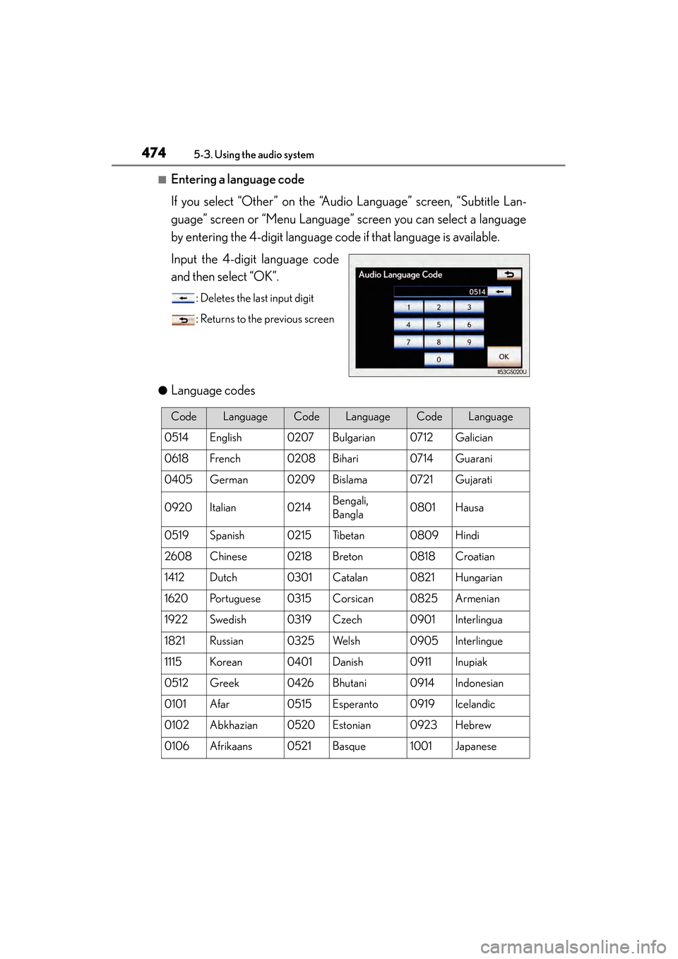 Lexus GS450h 2014 Owners Manual 474
GS450h_OM_OM30D52U_(U)
5-3. Using the audio system
■Entering a language code
If you select “Other” on the “Audio Language” screen, “Subtitle Lan-
guage” screen or “Menu Language” Lexus GS450h 2014 Owners Manual 474
GS450h_OM_OM30D52U_(U)
5-3. Using the audio system
■Entering a language code
If you select “Other” on the “Audio Language” screen, “Subtitle Lan-
guage” screen or “Menu Language”