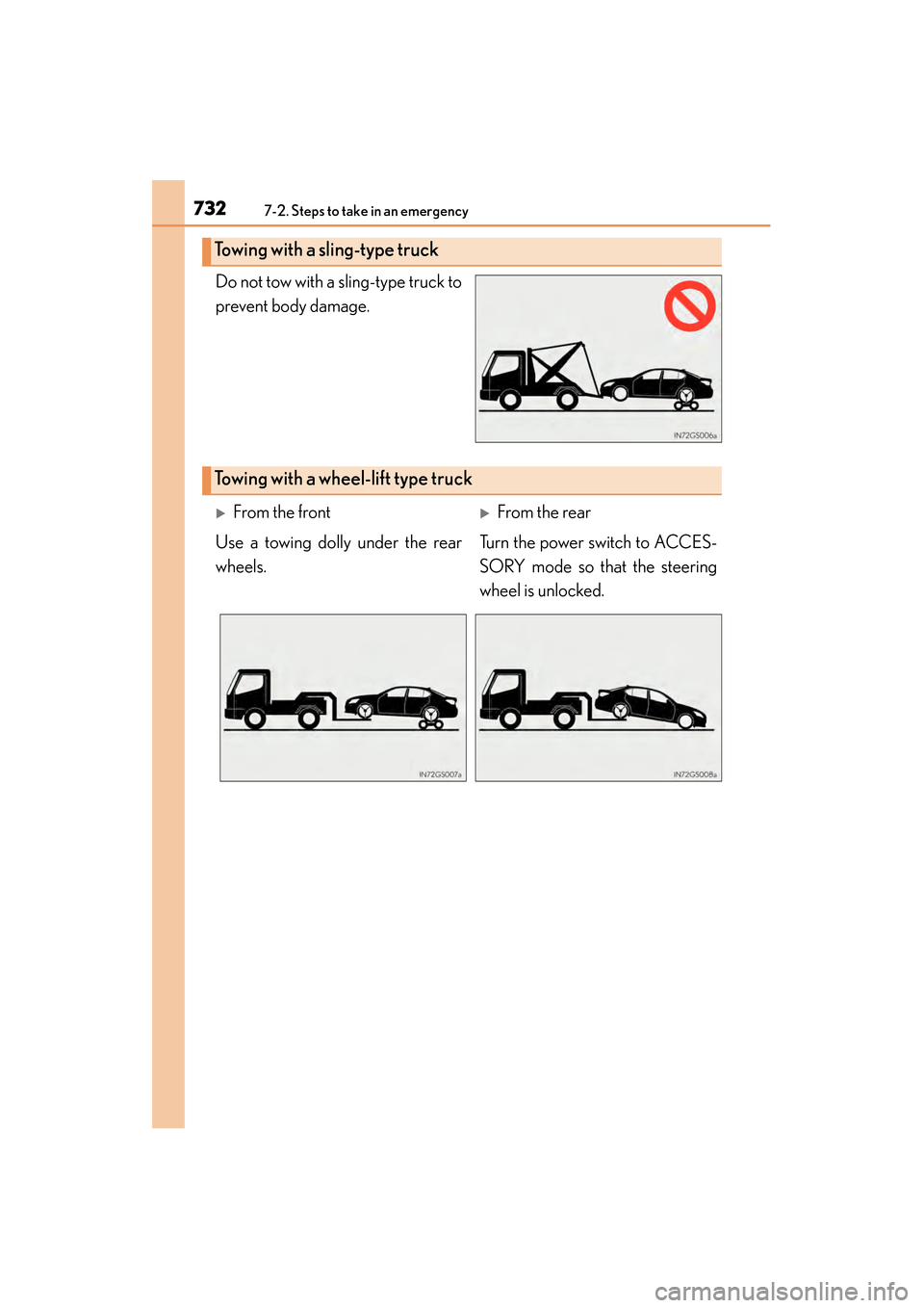 Lexus GS450h 2014  Owners Manual 7327-2. Steps to take in an emergency
GS450h_OM_OM30D52U_(U)Do not tow with a sling-type truck to
prevent body damage.
Towing with a sling-type truck
Towing with a wheel-lift type truck
�XFrom the fro
