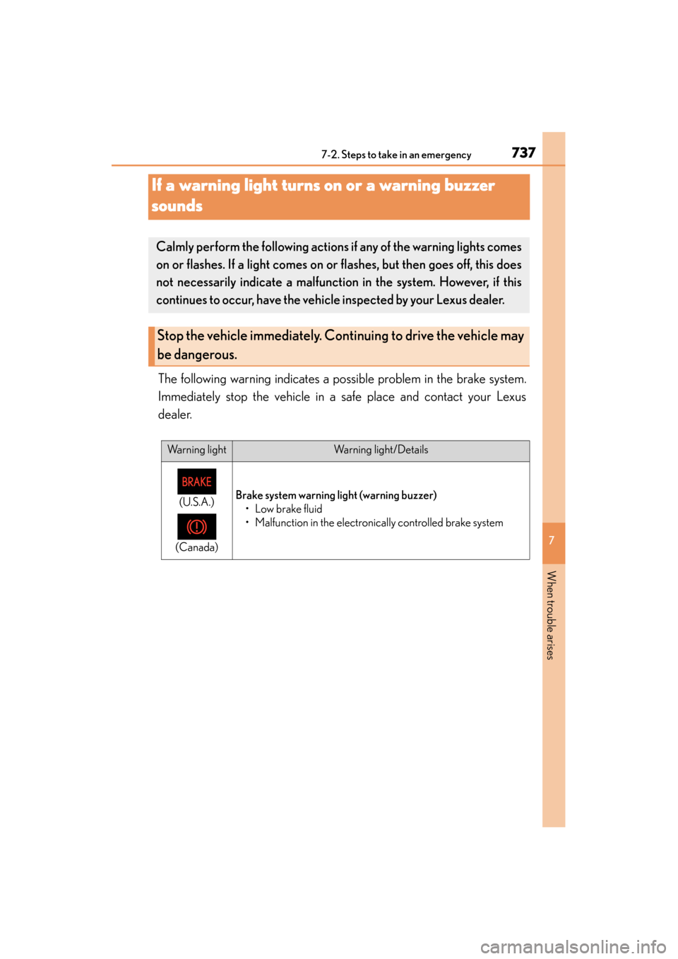 Lexus GS450h 2014  Owners Manual 737
GS450h_OM_OM30D52U_(U)
7
When trouble arises
7-2. Steps to take in an emergency
If a warning light turns on or a warning buzzer 
sounds
The following warning indicates a possible problem in the br