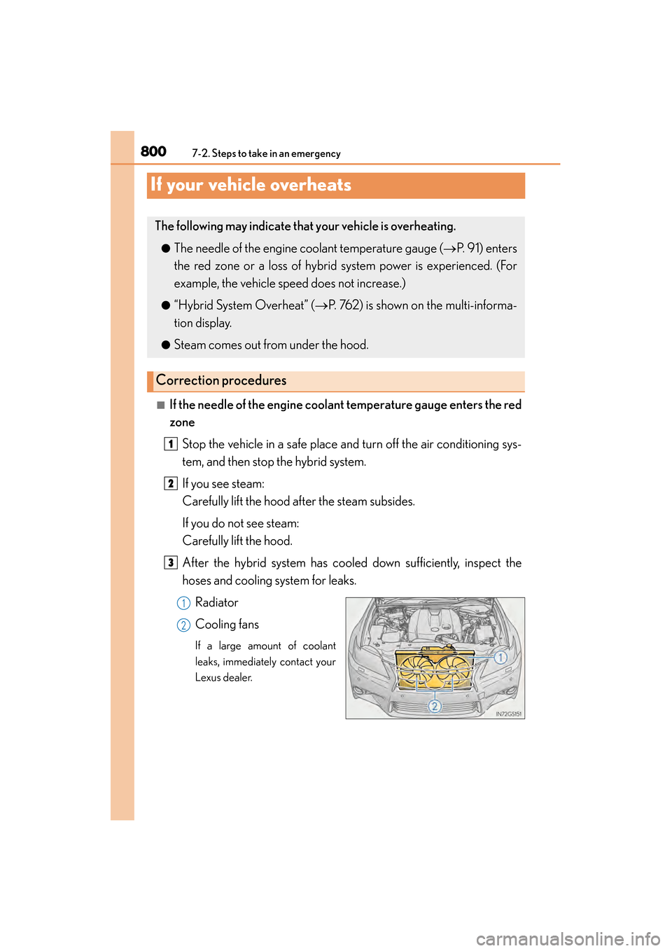 Lexus GS450h 2014 Owners Manual 800
GS450h_OM_OM30D52U_(U)
7-2. Steps to take in an emergency
If your vehicle overheats
■If the needle of the engine coolant temperature gauge enters the red
zone
Stop the vehicle in a safe place an Lexus GS450h 2014 Owners Manual 800
GS450h_OM_OM30D52U_(U)
7-2. Steps to take in an emergency
If your vehicle overheats
■If the needle of the engine coolant temperature gauge enters the red
zone
Stop the vehicle in a safe place an