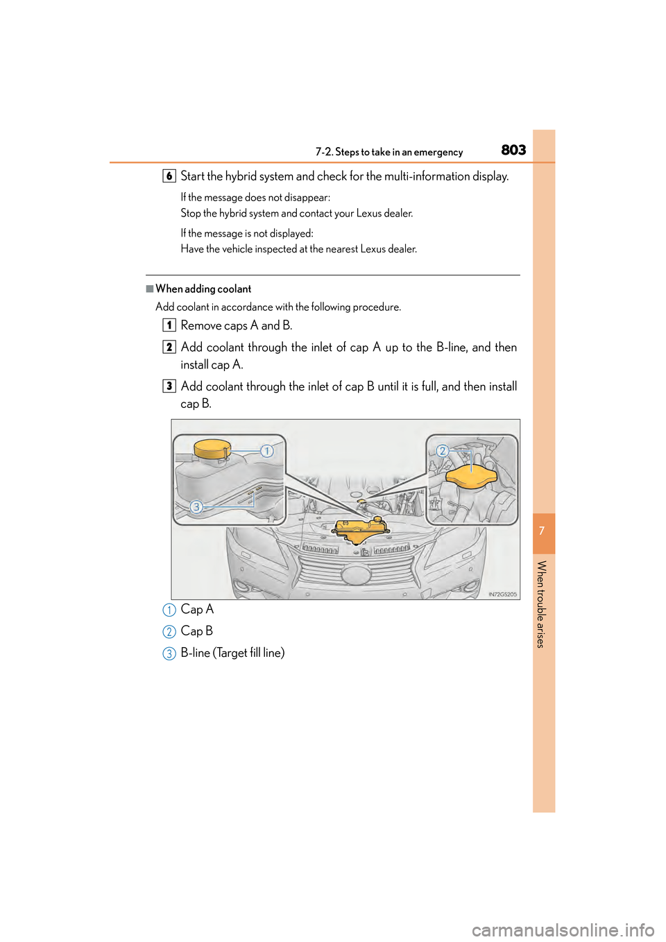 Lexus GS450h 2014 Owners Manual 8037-2. Steps to take in an emergency
GS450h_OM_OM30D52U_(U)
7
When trouble arises
Start the hybrid system and check for the multi-information display.
If the message does not disappear:
Stop the hybr Lexus GS450h 2014 Owners Manual 8037-2. Steps to take in an emergency
GS450h_OM_OM30D52U_(U)
7
When trouble arises
Start the hybrid system and check for the multi-information display.
If the message does not disappear:
Stop the hybr