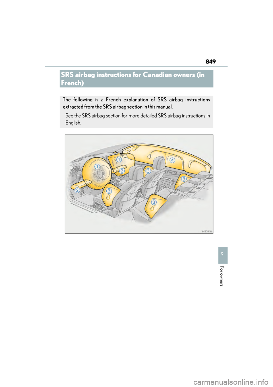 Lexus GS450h 2014 Owners Manual 849
GS450h_OM_OM30D52U_(U)
9
For owners
SRS airbag instructions for Canadian owners (in
French)
The following is a Fren ch explanation of SRS airbag instructions
extracted from the SRS airbag sectio Lexus GS450h 2014 Owners Manual 849
GS450h_OM_OM30D52U_(U)
9
For owners
SRS airbag instructions for Canadian owners (in
French)
The following is a Fren ch explanation of SRS airbag instructions
extracted from the SRS airbag sectio