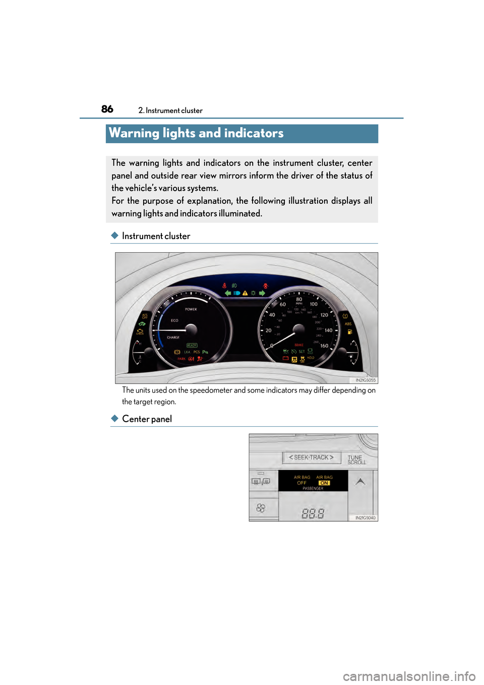 Lexus GS450h 2014  Owners Manual 86
GS450h_OM_OM30D52U_(U)
2. Instrument cluster
Warning lights and indicators
◆Instrument cluster
The units used on the speedometer and some indicators may differ depending on
the target region.
◆