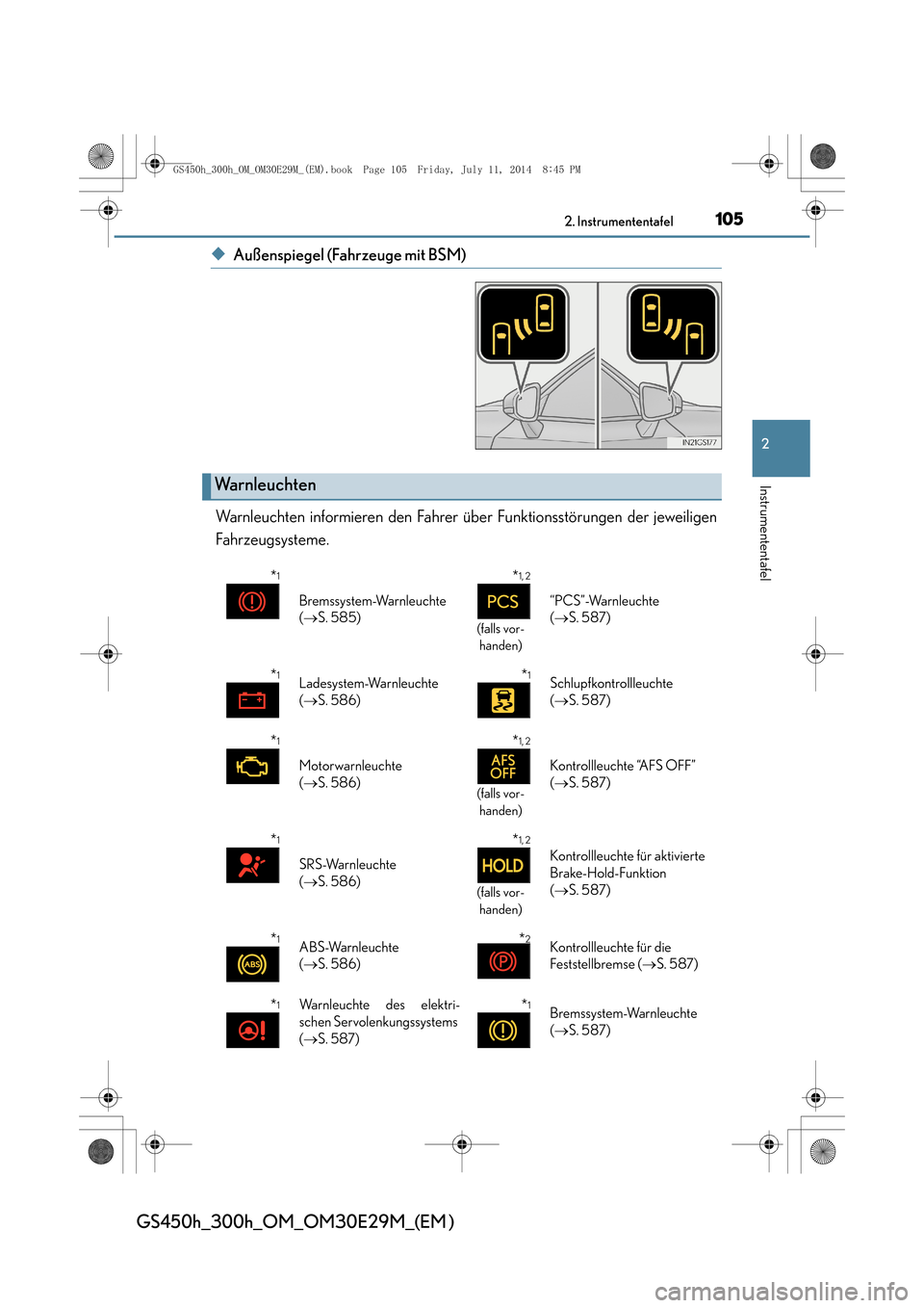 Lexus GS450h 2014  Betriebsanleitung (in German) 1052. Instrumententafel
2
Instrumententafel
GS450h_300h_OM_OM30E29M_(EM )
◆Außenspiegel (Fahrzeuge mit BSM)
Warnleuchten informieren den Fahrer über Funktionsstörungen der jeweiligen
Fahrzeugsyst