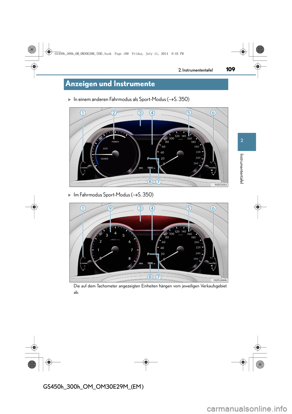 Lexus GS450h 2014  Betriebsanleitung (in German) 109
2
2. Instrumententafel
Instrumententafel
GS450h_300h_OM_OM30E29M_(EM )
Anzeigen und Instrumente
�XIn einem anderen Fahrmodus als Sport-Modus (
→S. 350)
�XIm Fahrmodus Sport-Modus ( →S. 350)
Di