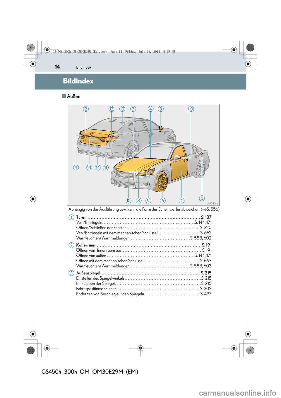 Lexus GS450h 2014  Betriebsanleitung (in German) 14Bildindex
GS450h_300h_OM_OM30E29M_(EM )
Bildindex
■Außen
Abhängig von der Ausführung usw. kann die Form der Scheinwerfer abweichen. (→S. 556)
Türen  . . . . . . . . . . . . . . . . . . . . .