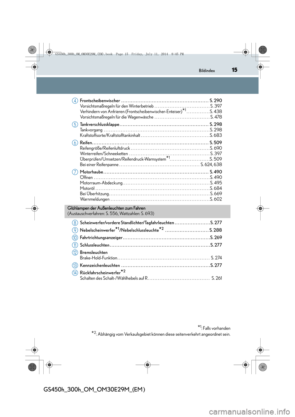 Lexus GS450h 2014  Betriebsanleitung (in German) 15Bildindex
GS450h_300h_OM_OM30E29M_(EM )
Frontscheibenwischer  . . . . . . . . . . . . . . . . . . . . . . . . . . . . . . . . . . . . . . . . . . . . . . . . . . . . . . S. 290
Vorsichtsmaßregeln f