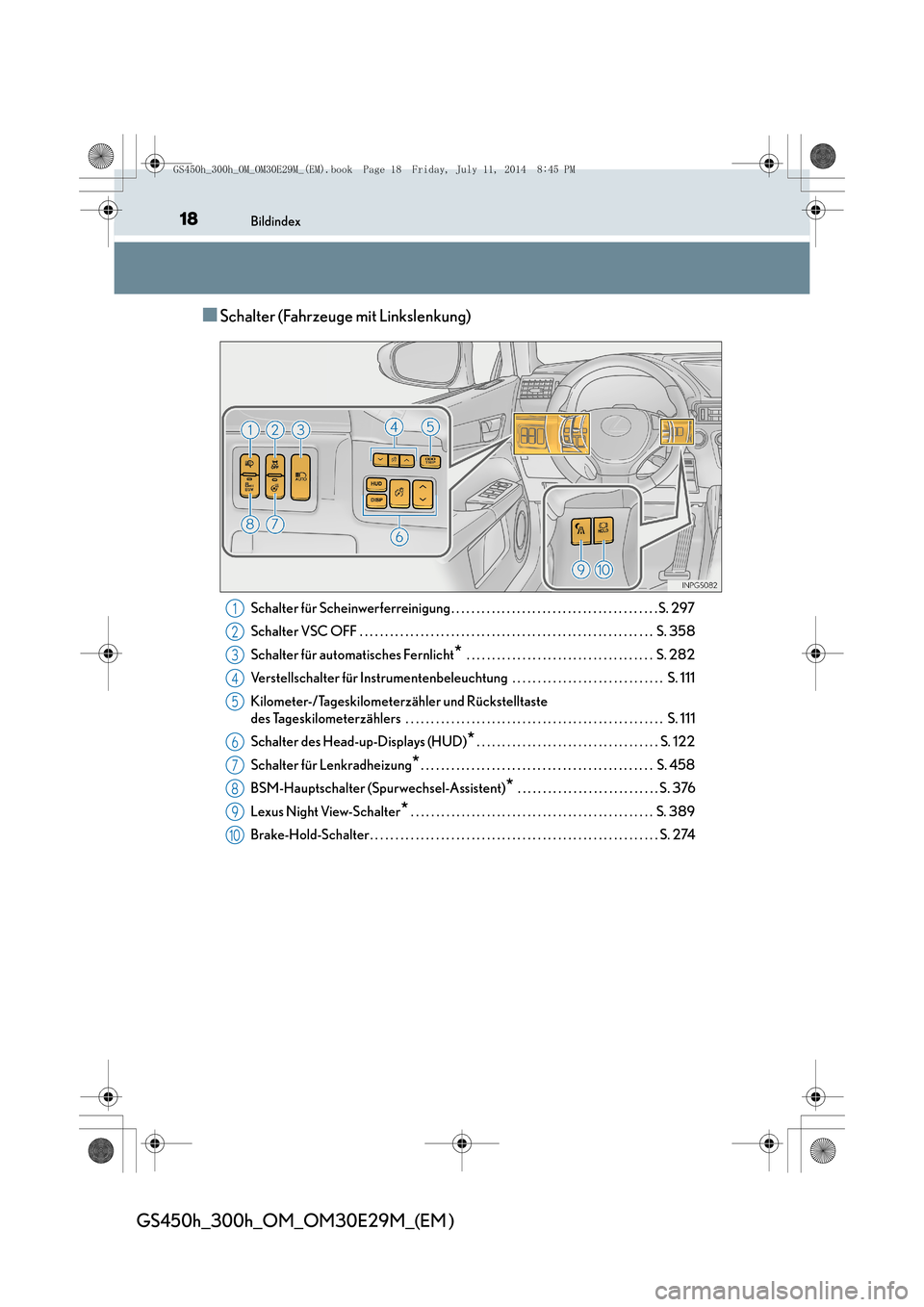 Lexus GS450h 2014  Betriebsanleitung (in German) 18Bildindex
GS450h_300h_OM_OM30E29M_(EM )
■Schalter (Fahrzeuge mit Linkslenkung)
Schalter für Scheinwerferreinigung . . . . . . . . . . . . . . . . . . . . . . . . . . . . . . . . . . . . . . . . .