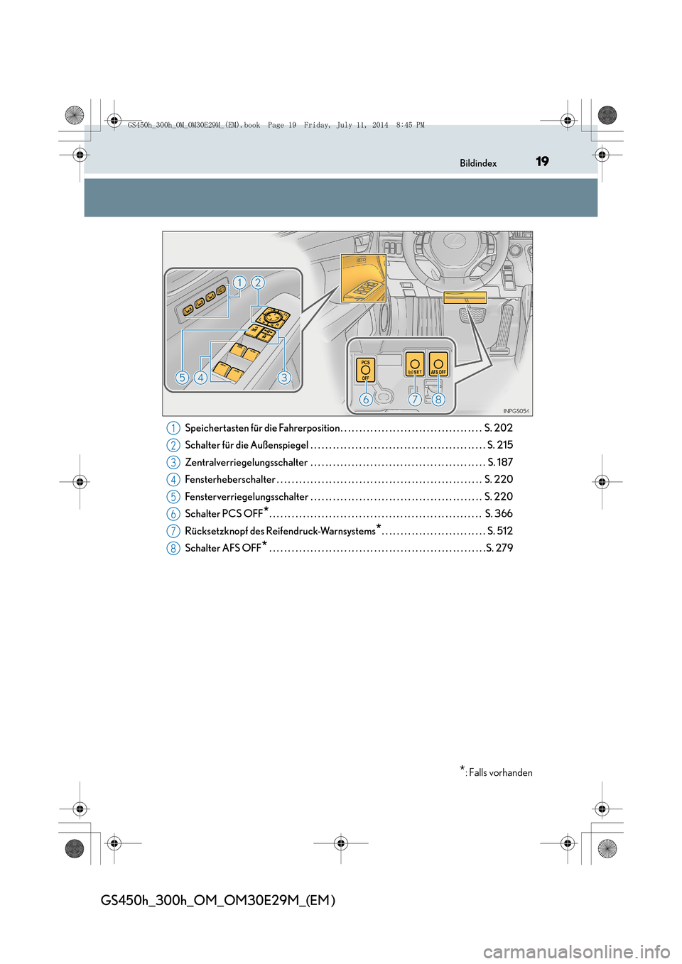 Lexus GS450h 2014  Betriebsanleitung (in German) 19Bildindex
GS450h_300h_OM_OM30E29M_(EM )
Speichertasten für die Fahrerposition . . . . . . . . . . . . . . . . . . . . . . . . . . . . . . . . . . . . . .  S. 202
Schalter für die Außenspiegel . .
