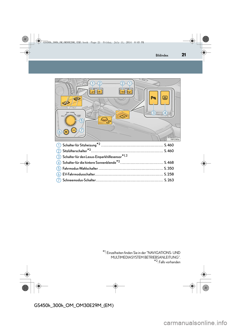 Lexus GS450h 2014  Betriebsanleitung (in German) 21Bildindex
GS450h_300h_OM_OM30E29M_(EM )
Schalter für Sitzheizung*2 . . . . . . . . . . . . . . . . . . . . . . . . . . . . . . . . . . . . . . . . . . . . . . . . .  S. 460
Sitzlüfterschalter
*2. 