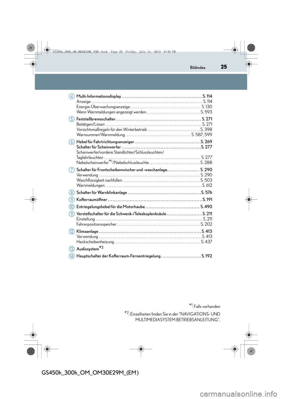 Lexus GS450h 2014  Betriebsanleitung (in German) 25Bildindex
GS450h_300h_OM_OM30E29M_(EM )
Multi-Informationsdisplay  . . . . . . . . . . . . . . . . . . . . . . . . . . . . . . . . . . . . . . . . . . . . . . . . . . . .S. 114
Anzeige . . . . . . .