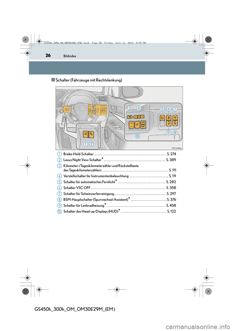Lexus GS450h 2014  Betriebsanleitung (in German) 26Bildindex
GS450h_300h_OM_OM30E29M_(EM )
■Schalter (Fahrzeuge mit Rechtslenkung)
Brake-Hold-Schalter . . . . . . . . . . . . . . . . . . . . . . . . . . . . . . . . . . . . . . . . . . . . . . . . 