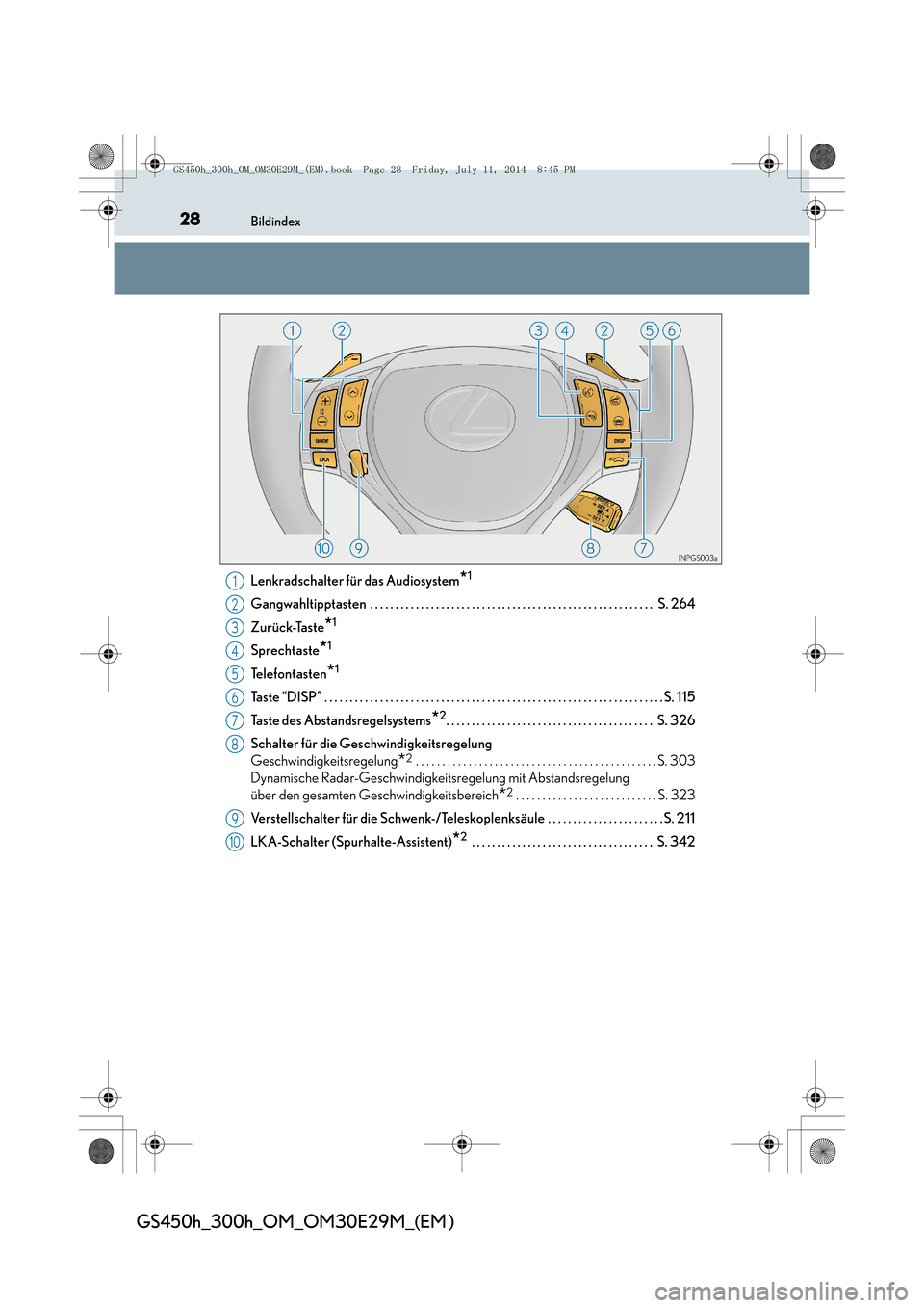Lexus GS450h 2014  Betriebsanleitung (in German) 28Bildindex
GS450h_300h_OM_OM30E29M_(EM )
Lenkradschalter für das Audiosystem*1
Gangwahltipptasten  . . . . . . . . . . . . . . . . . . . . . . . . . . . . . . . . . . . . . . . . . . . . . . . . . .