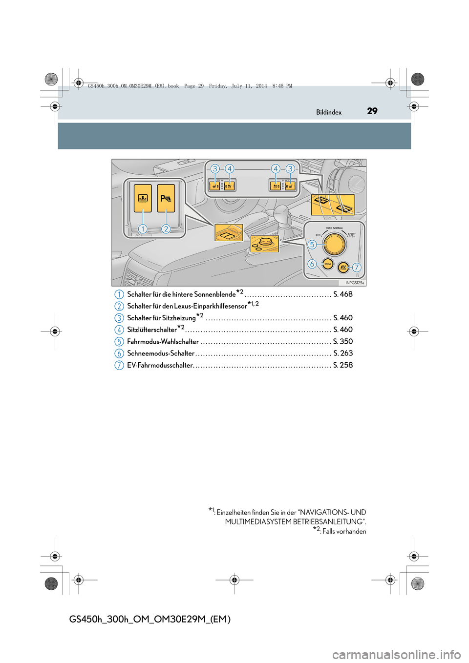 Lexus GS450h 2014  Betriebsanleitung (in German) 29Bildindex
GS450h_300h_OM_OM30E29M_(EM )
Schalter für die hintere Sonnenblende*2 . . . . . . . . . . . . . . . . . . . . . . . . . . . . . . . . . .  S. 468
Schalter für den Lexus-Einparkhilfesenso