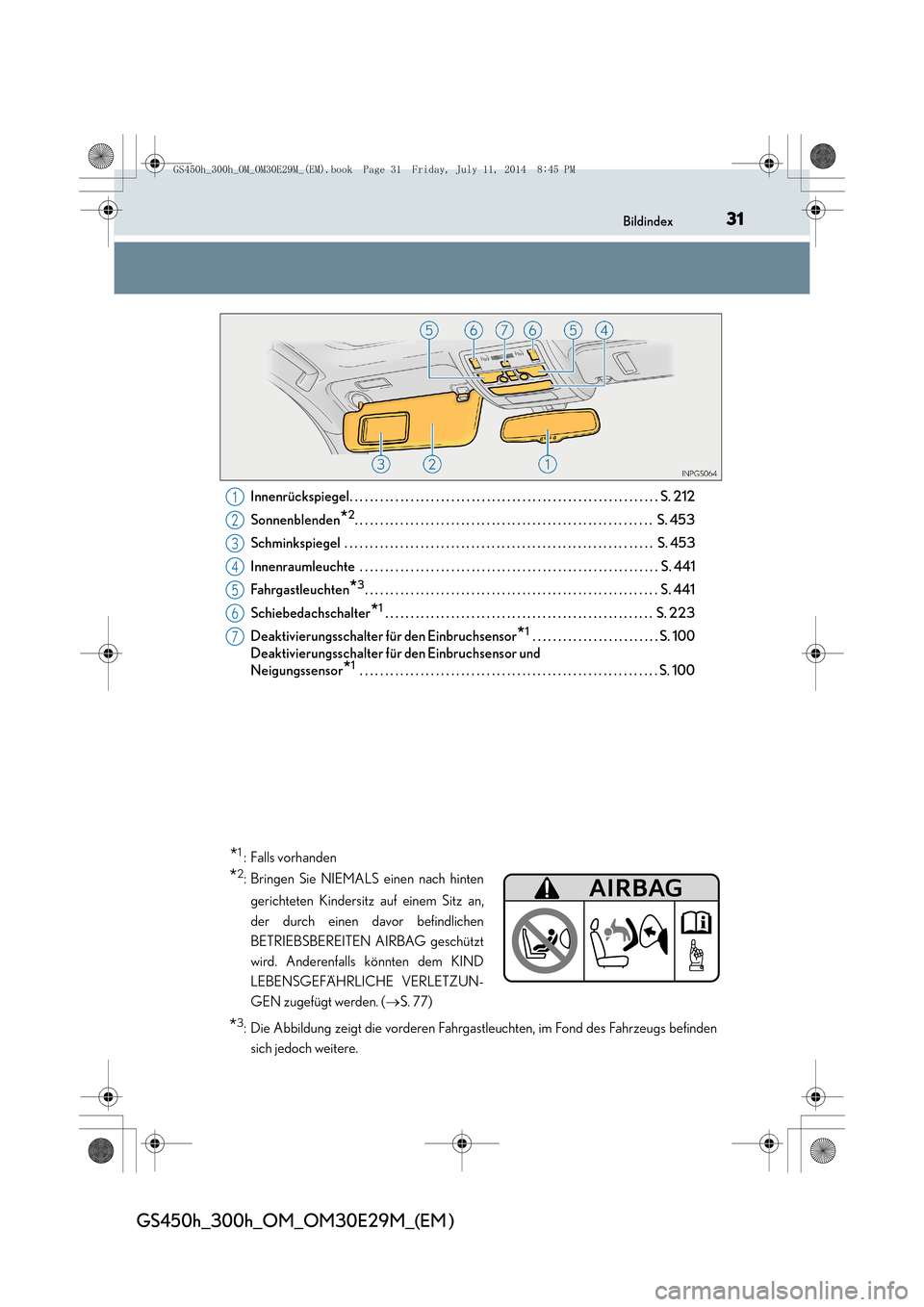 Lexus GS450h 2014  Betriebsanleitung (in German) 31Bildindex
GS450h_300h_OM_OM30E29M_(EM )
Innenrückspiegel. . . . . . . . . . . . . . . . . . . . . . . . . . . . . . . . . . . . . . . . . . . . . . . . . . . . . . . . . . . . . S. 212
Sonnenblende