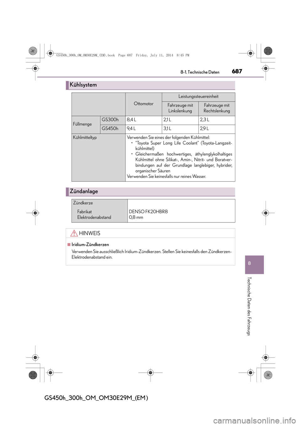 Lexus GS450h 2014  Betriebsanleitung (in German) 687
8
8-1. Technische Daten
Technische Daten des Fahrzeugs
GS450h_300h_OM_OM30E29M_(EM )
Kühlsystem
Ottomotor
Leistungssteuereinheit
Fah rzeu ge mi t 
LinkslenkungFahrzeuge mit 
Rechtslenkung
Füllme