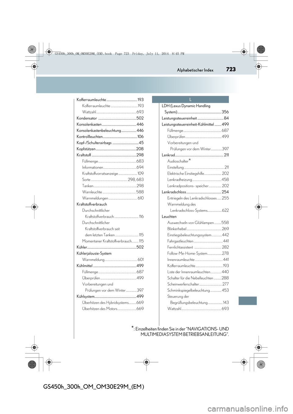 Lexus GS450h 2014  Betriebsanleitung (in German) 723Alphabetischer Index
GS450h_300h_OM_OM30E29M_(EM )
Kofferraumleuchte ......................................... 193Kofferraumleuchte .......................................193
Wattzahl .............