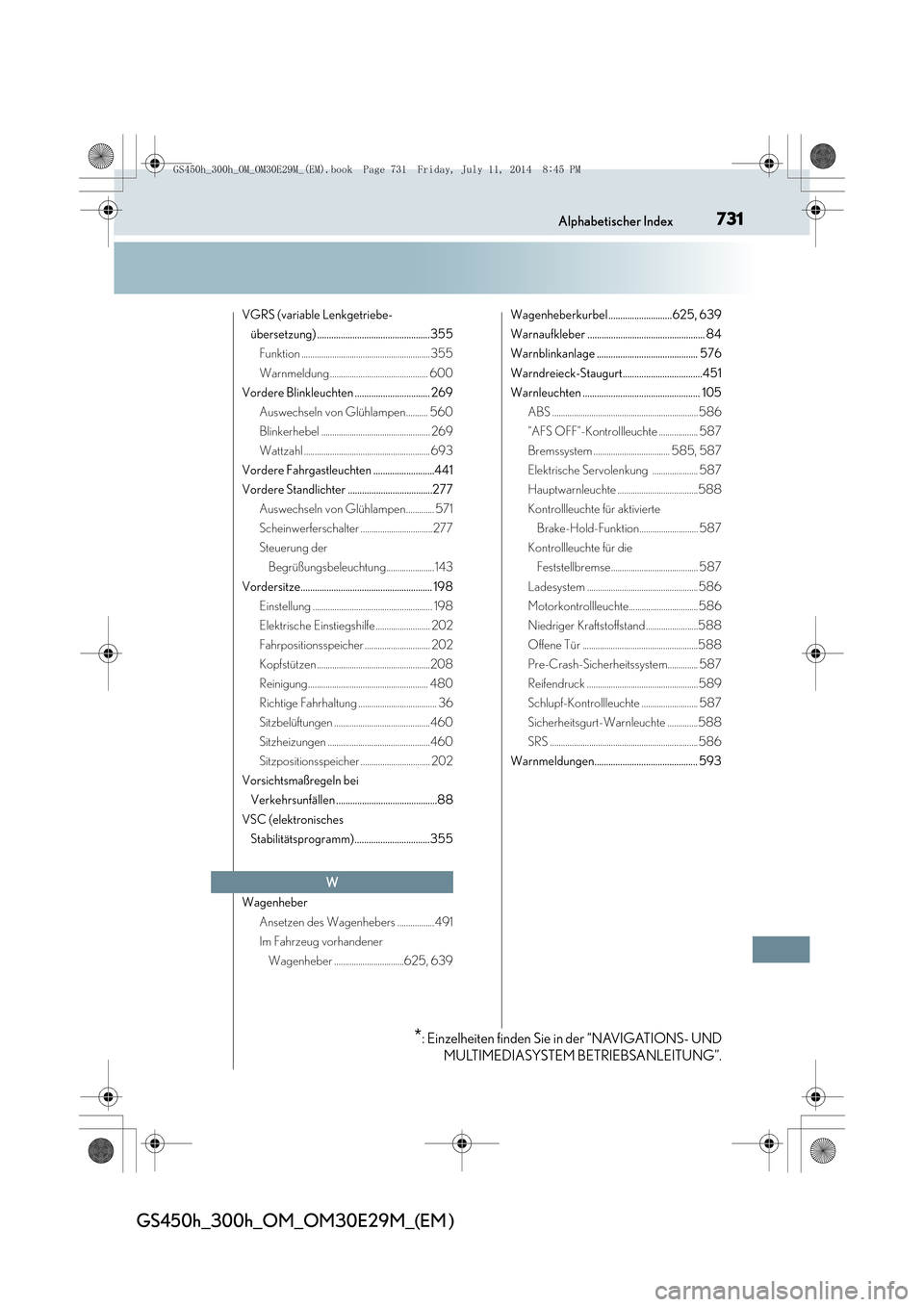 Lexus GS450h 2014  Betriebsanleitung (in German) 731Alphabetischer Index
GS450h_300h_OM_OM30E29M_(EM )
VGRS (variable Lenkgetriebe- übersetzung) ................................................355Funktion ...........................................