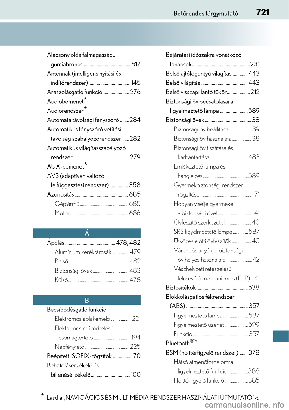 Lexus GS450h 2014  Kezelési útmutató (in Hungarian) 721Betűrendes tárgymutató
Alacsony oldalfalmagasságú 
gumiabroncs......................................... 517
Antennák (intelli gens nyitási és 
indítórendszer) ......... ..................