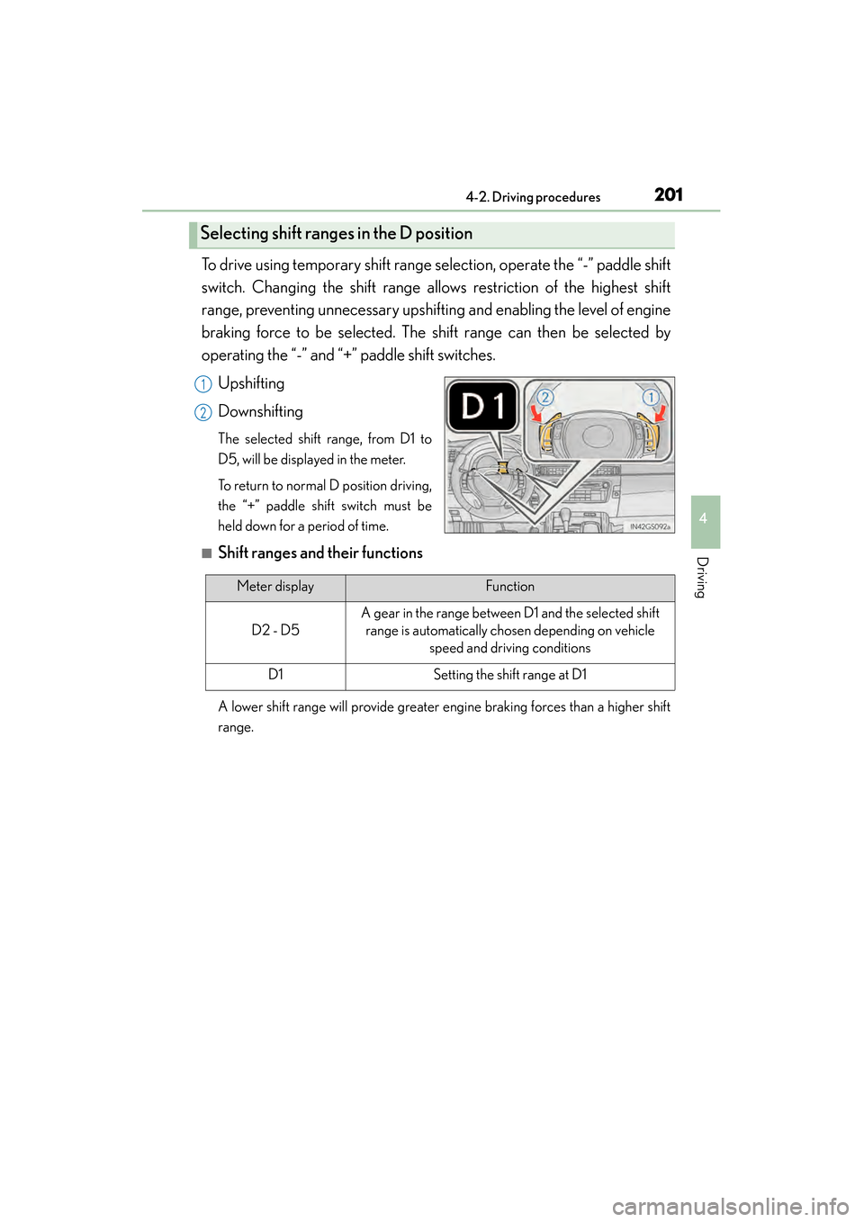Lexus GS450h 2013 Owners Manual GS450h_U (OM30D01U)
2014-2. Driving procedures
4
Driving
To drive using temporary shift range selection, operate the “-” paddle shift
switch. Changing the shift range allows restriction of the hig Lexus GS450h 2013 Owners Manual GS450h_U (OM30D01U)
2014-2. Driving procedures
4
Driving
To drive using temporary shift range selection, operate the “-” paddle shift
switch. Changing the shift range allows restriction of the hig
