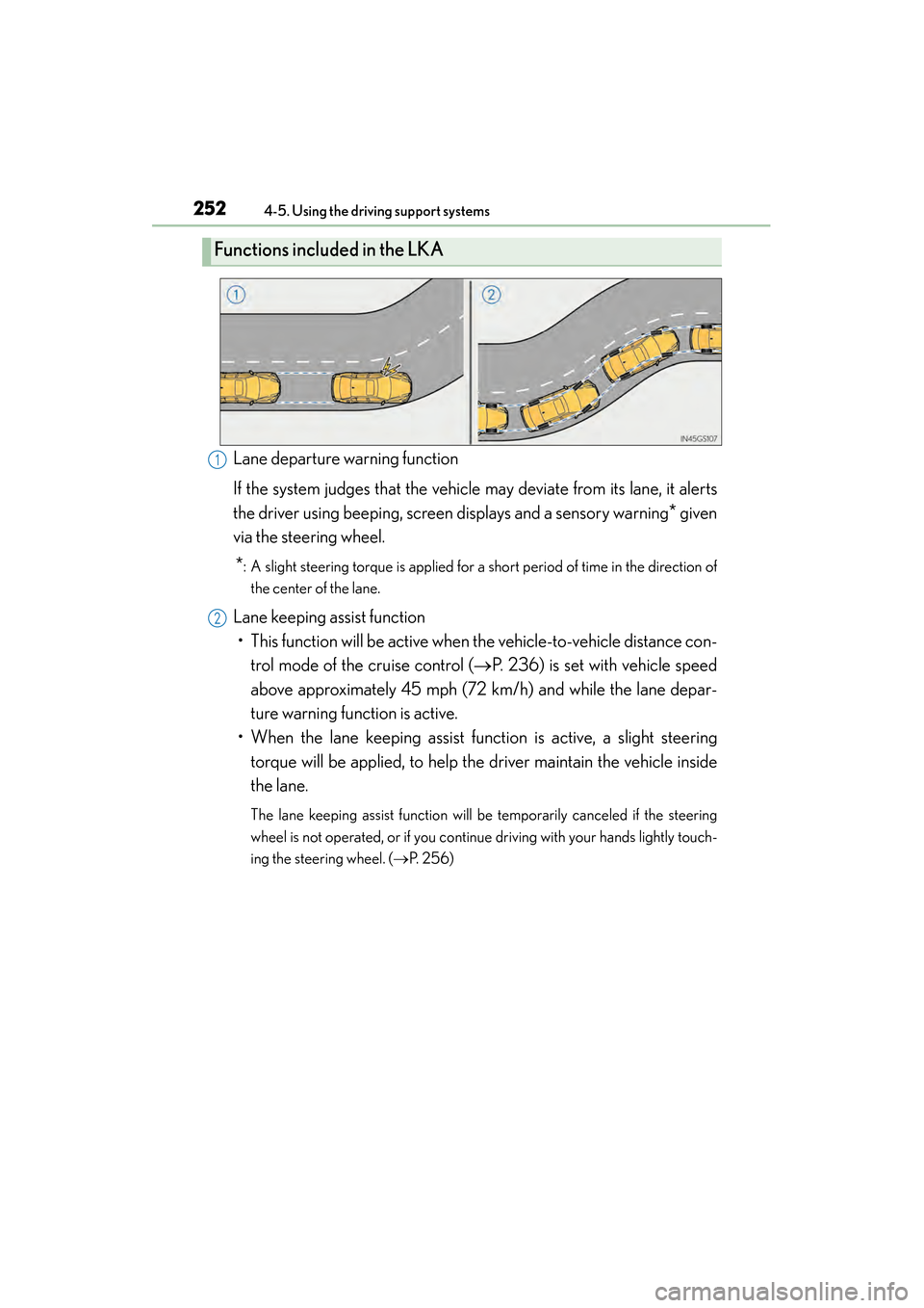 Lexus GS450h 2013  Owners Manual 252
GS450h_U (OM30D01U)
4-5. Using the driving support systems
Lane departure warning function
If the system judges that the vehicle may deviate from its lane, it alerts
the driver using beeping, scre