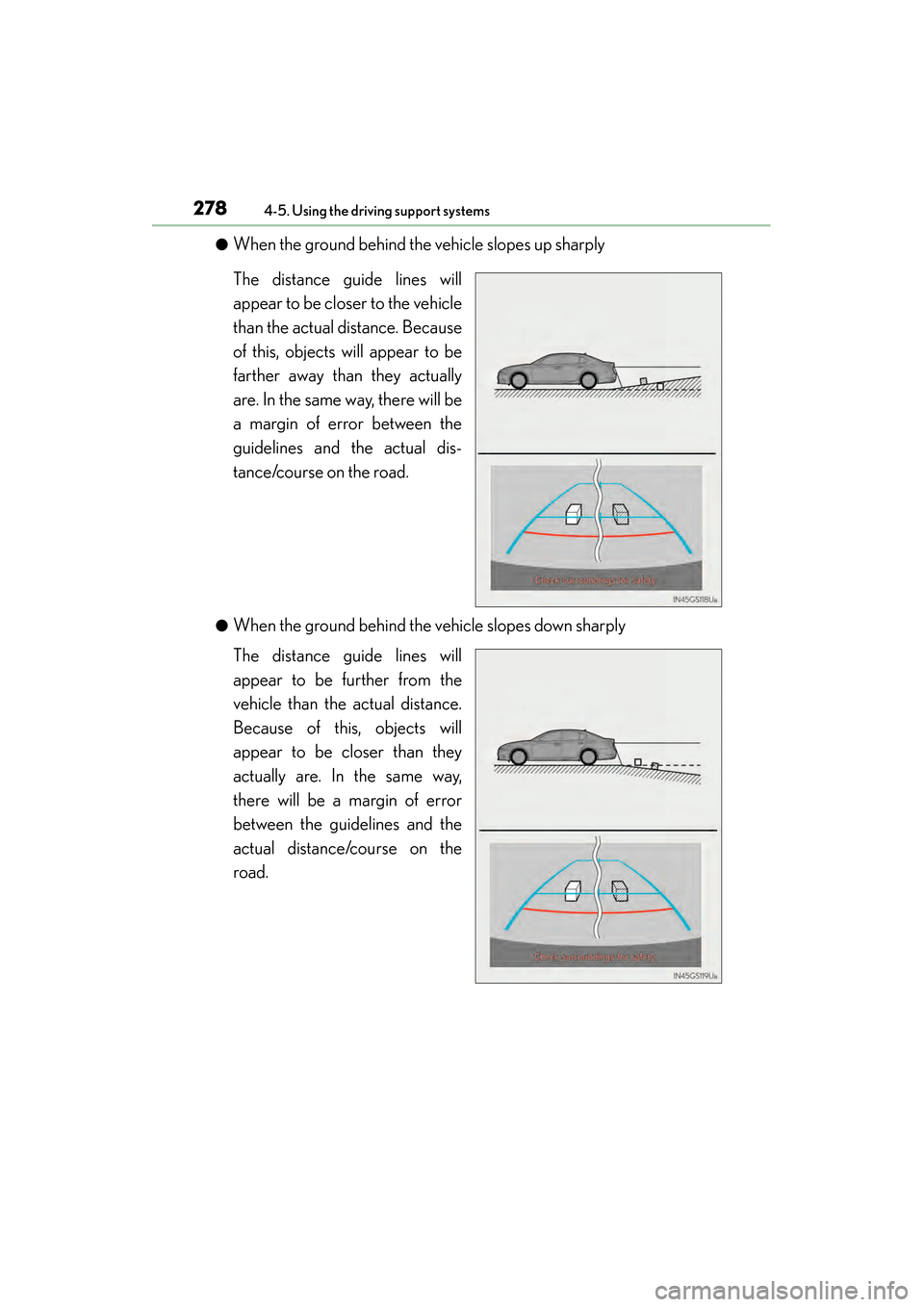 Lexus GS450h 2013  Owners Manual 278
GS450h_U (OM30D01U)
4-5. Using the driving support systems
●When the ground behind the vehicle slopes up sharply
The distance guide lines will
appear to be closer to the vehicle
than the actual 
