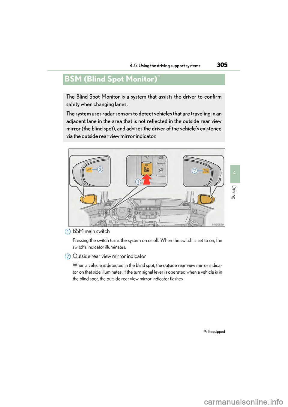 Lexus GS450h 2013  Owners Manual 305
GS450h_U (OM30D01U)4-5. Using the driving support systems
4
Driving
BSM (Blind Spot Monitor)∗
∗: If equipped
The Blind Spot Monitor is a system  that assists the driver to confirm
safety when 