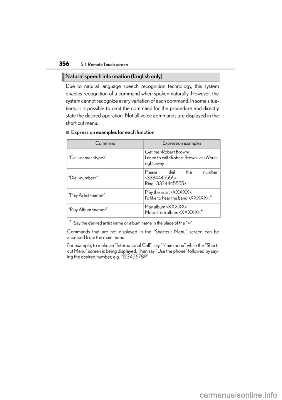 Lexus GS450h 2013 Owners Manual 3565-1. Remote Touch screen
GS450h_U (OM30D01U)Due to natural language speech recognition technology, this system
enables recognition of a command when spoken naturally. However, the
system cannot rec Lexus GS450h 2013 Owners Manual 3565-1. Remote Touch screen
GS450h_U (OM30D01U)Due to natural language speech recognition technology, this system
enables recognition of a command when spoken naturally. However, the
system cannot rec