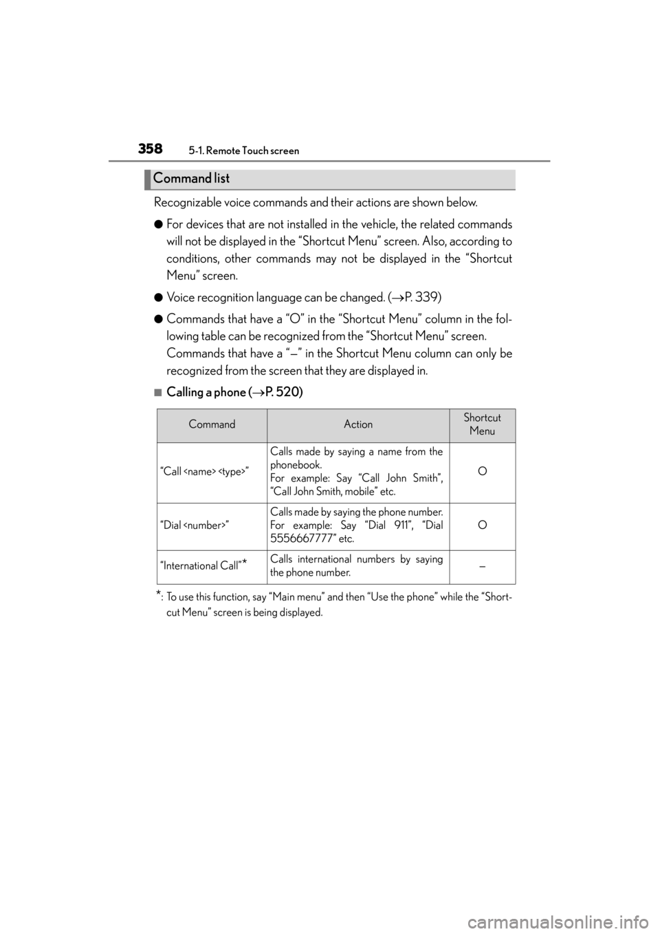 Lexus GS450h 2013 Owners Manual 3585-1. Remote Touch screen
GS450h_U (OM30D01U)Recognizable voice commands and their actions are shown below.
●For devices that are not installed in the vehicle, the related commands
will not be dis Lexus GS450h 2013 Owners Manual 3585-1. Remote Touch screen
GS450h_U (OM30D01U)Recognizable voice commands and their actions are shown below.
●For devices that are not installed in the vehicle, the related commands
will not be dis