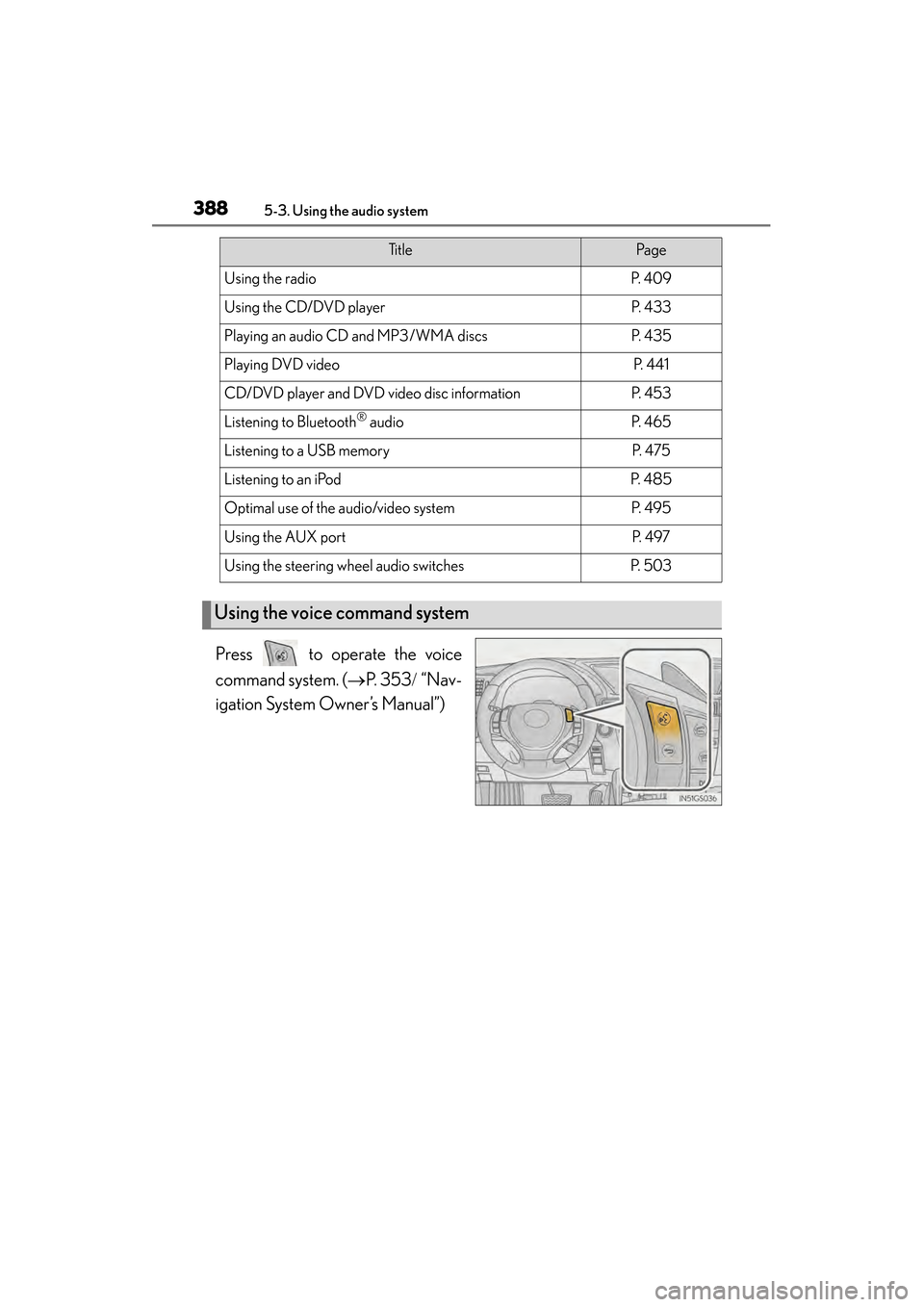 Lexus GS450h 2013  Owners Manual 388
GS450h_U (OM30D01U)
5-3. Using the audio system
Press   to operate the voice
command system. (→P. 353 / “Nav-
igation System Owner’s Manual”)
Ti t l ePa g e
Using the radioP.  4 0 9
Using 